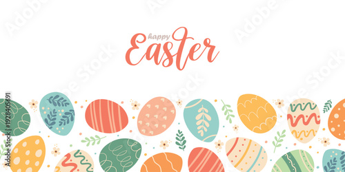 Horizontal Easter banner with eggs and flowers.