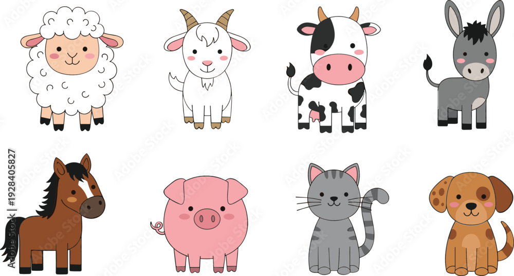 Obraz premium Cute farm and domestic animals collection with sheep goat cow donkey horse pig cat and dog vector illustration