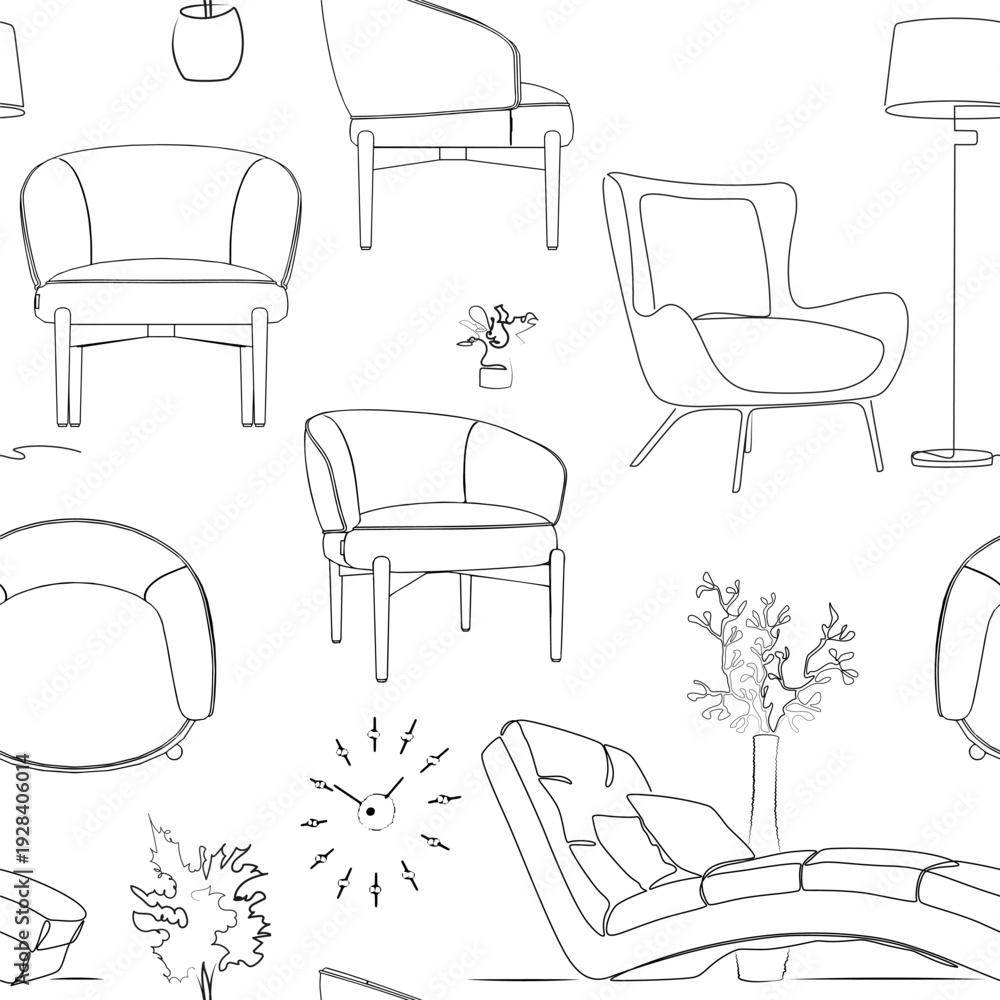 Fototapeta premium Furniture, lamps and plants for the home. Seamless pattern. Black and white background. Vector illustration. Endless texture can be used for printing onto fabric and paper or scrap booking.