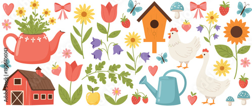 Cute farmhouse garden collection with barn chickens flowers watering can and birdhouse vector illustration set