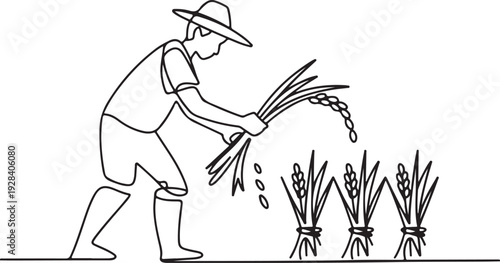 Farmer harvesting crops with a sickle, agrarian scene, rural landscape, outdoor environment, side viewpoint