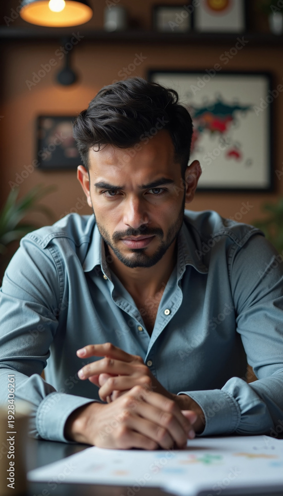 Obraz premium Thoughtful man in blue shirt focused on documents in modern workspace. Concentrated man examines paperwork and looks serious in stylish office environment.