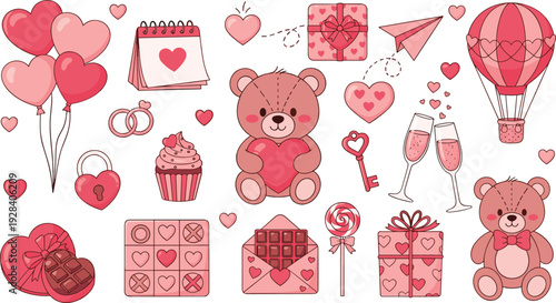 Cute Valentine elements collection with teddy bears, hearts, gifts and romantic decorations flat vector illustration set