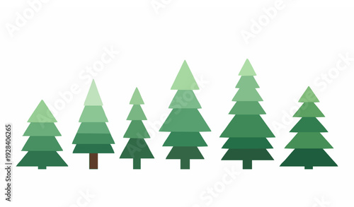 Modern Geometric Pine Tree Row Vector Illustration with Multiple Green Needle Variations