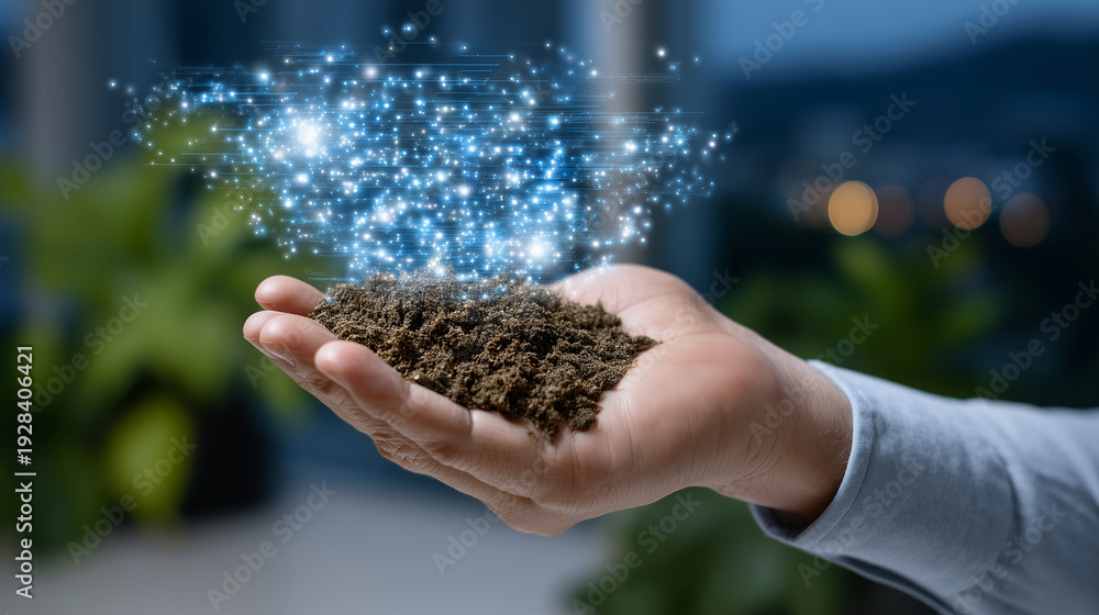 Fototapeta premium Over-the-shoulder perspective of a hand presenting soil with a digital rocket hologram lifting off, blurred workspace or outdoor background, subtle reflections highlighting entrepr