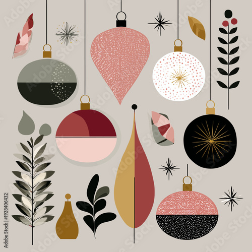 Mid-century modern holiday decorations with assorted ornament shapes and botanical motifs