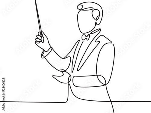 A conductor leads an orchestra from the stage with a baton in hand