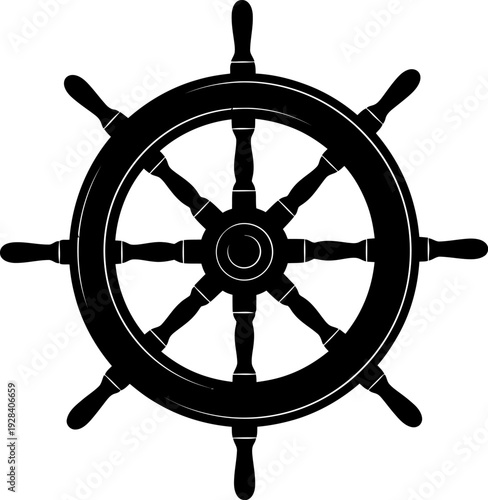 A black and white image of a ship's steering wheel