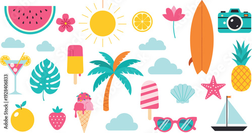 Bright summer vacation icons set with watermelon sun surfboard palm tree cocktail and beach elements vector illustration