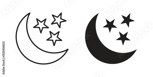 Moon stars icon style design pack on white background. Thin line and clipart style