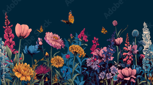 Floral panorama with multiple flowers in various shades and butterflies over a dark, saturated backdrop