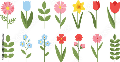 Colorful spring flowers collection with tulips, daisies and blooming garden plants flat vector illustration set