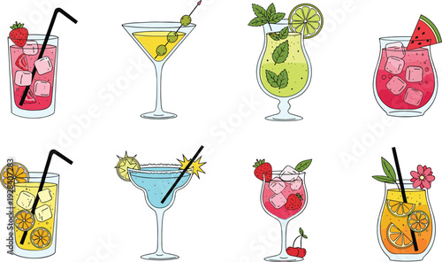 Colorful summer cocktail drinks collection with mojito martini lemonade and fruity beverages vector illustration set