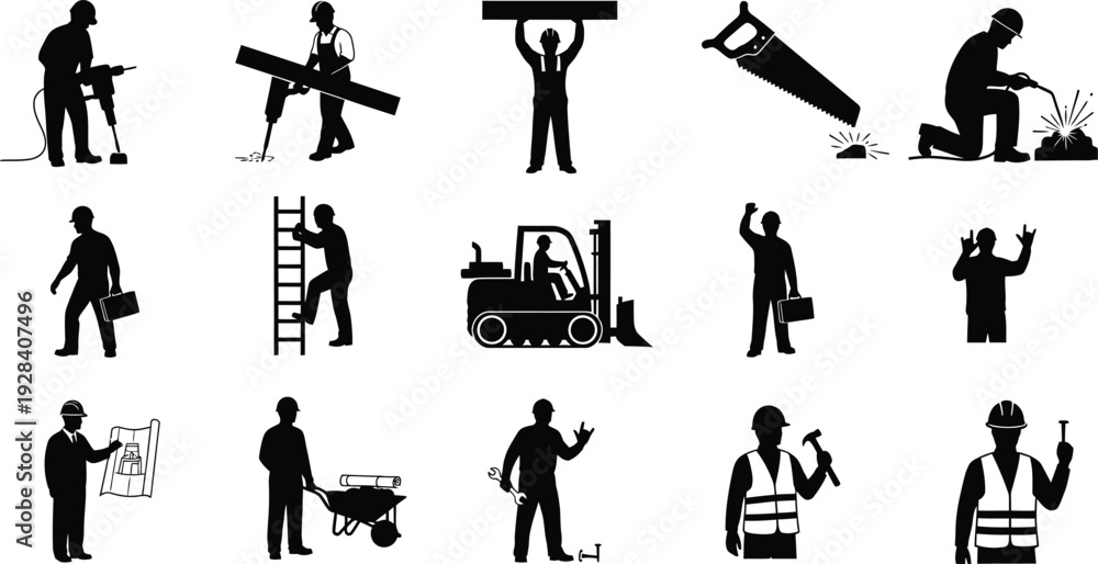 Obraz premium Construction workers engaged in various activities silhouette