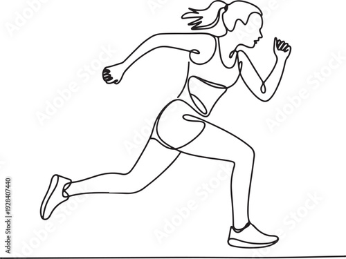 A young female athlete runs dynamically forward with determination from a side viewpoint