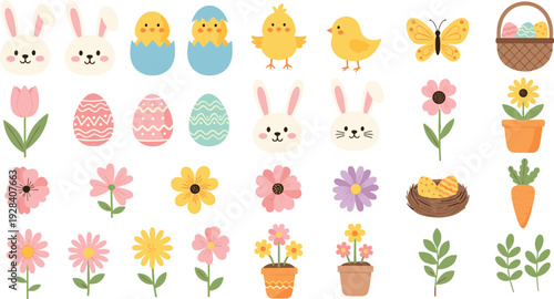 Cute Easter spring collection with bunnies chicks decorated eggs flowers and basket vector illustration set