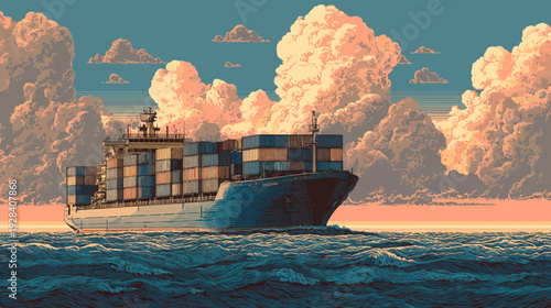 Pixel art of a container ship sailing on the ocean under a cloudy sunset sky