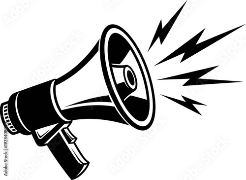 A black and white illustration of a megaphone