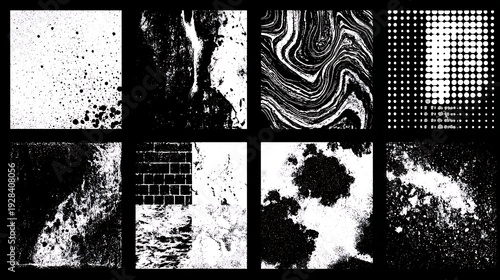 Eight Diverse Black and White Abstract Textures and Patterns