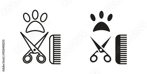 Pet grooming icon style design pack on white background. Thin line and clipart style