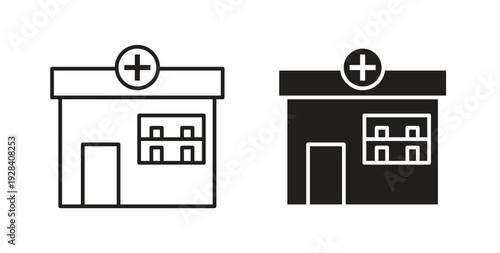Pharmacy icon style design pack on white background. Thin line and clipart style
