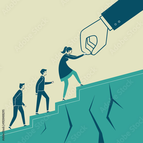 Businesswoman receiving help to climb steep cliff over colleagues