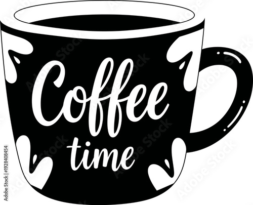 Black coffee mug with white hearts and text