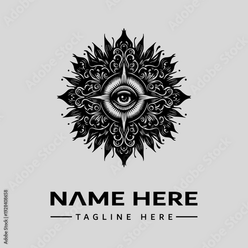 Black and white vector illustration of an eye surrounded by intricate designs, forming a logo with space for a name and tagline on a gray background.
