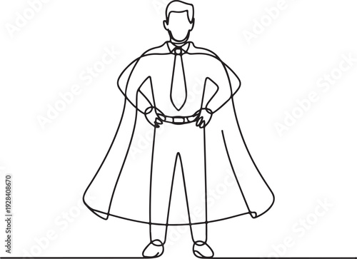 A confident businessman standing heroically with hands on hips wearing a flowing cape, illustrated in a simple line art style from a straightforward front viewpoint
