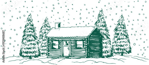 Green ink of a log cabin in a snowy forest winter trees