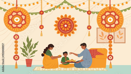 Illustration of a happy Indian family celebrating a festival with offerings and decorations, depicting togetherness and cultural joy.