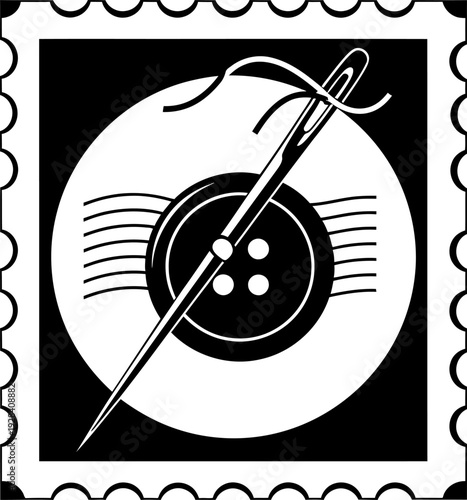 Sewing notions stamp with button and needle