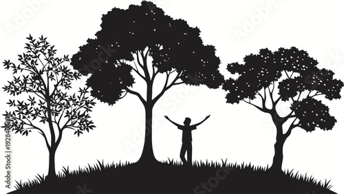 Silhouette of a person with open arms standing in a grassy field with three distinct trees, symbolizing freedom and nature's embrace.