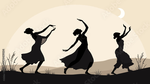 Three elegant women dancing joyfully under the moonlight in silhouette style against a muted sepia background.