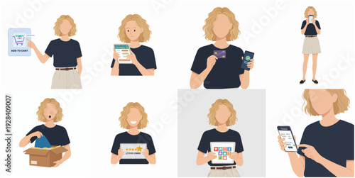 Flat Woman Using Gadget Illustration Set for Online Shopping Concept