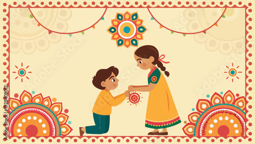 Vector illustration of a brother tying Rakhi to his sister's wrist, celebrating Raksha Bandhan with traditional Indian motifs.