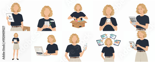 Minimalist Flat Blonde Woman Working Character and Online Store Management Set