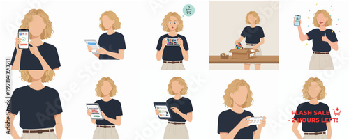 Minimalist Blonde Woman Using Electronic Devices and Performing Activities Illustration Set