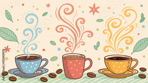 Three colorful steaming coffee cups with decorative swirls and beans, celebrating morning coffee break in a whimsical illustration style.