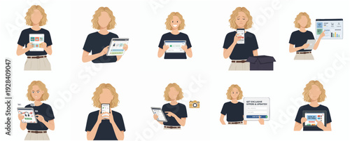 Minimalist Flat Illustration Woman Holding and Using Electronic Device Poses Set
