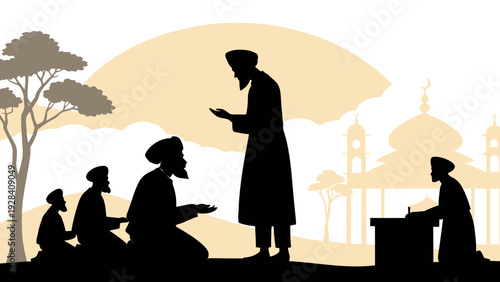 Silhouettes of Muslim men praying and listening to a sermon in a mosque, representing Islamic faith and community.