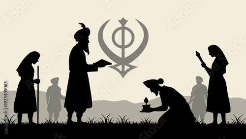 Silhouette of Sikh individuals gathering, with a prominent Khanda symbol and a candle lit, symbolizing Sikhism and devotion.