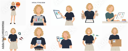 Flat Style Blonde Woman Shopping Online with Electronic Device Illustration Set
