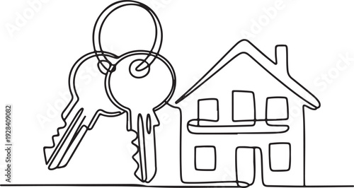 Keys hanging on a ring next to a house illustration showcasing ownership and access to a property in a simple line art