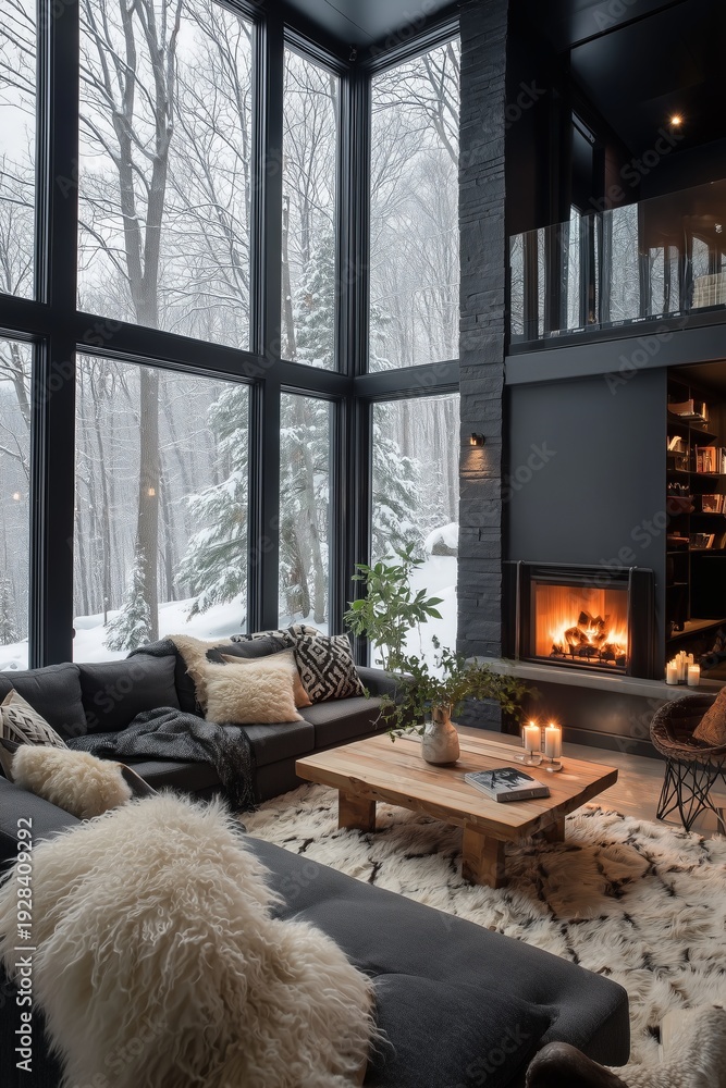 Naklejka premium Nordic cabin living room with forest view: floor-to-ceiling windows, steel fireplace, sheepskin throws, soft lights. A warm winter retreat.