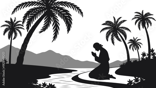 Silhouette of a person kneeling in prayer by a river with palm trees and mountains, evoking a sense of peace and devotion.