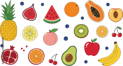 Fresh colorful fruit collection with pineapple watermelon kiwi papaya apple banana vector illustration set