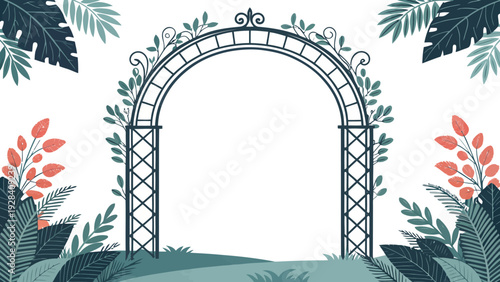 Decorative garden archway adorned with greenery and flowers, creating a charming entrance or backdrop for events.