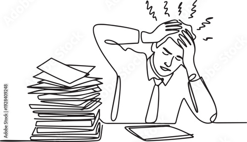A stressed businessman sits at a desk with a large pile of paperwork, overwhelmed and frustrated, in a simple line drawing style.