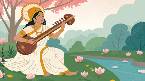 Serene illustration of Goddess Saraswati playing the veena in a vibrant, blooming natural landscape.